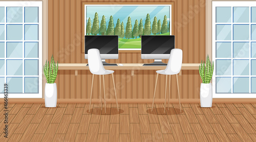 Workroom scene with two computers on the table