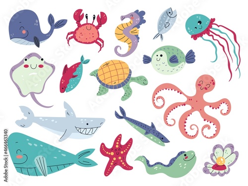 Sea life. Baby cute marine animals, underwater world inhabitants, tropical ocean fauna, cartoon whales, crab and octopus, shark and turtle, wildlife and aquarium creatures vector set