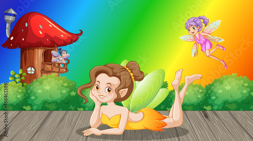 Fairies cartoon character on rainbow gradient background