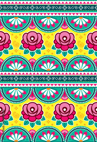 Indian and Pakistani truck art vector seamless textile or fabric print pattern design with roses, floral Diwali vibrant blackground in pink and green
