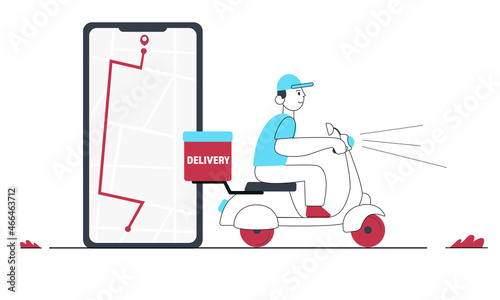 Online delivery service , online order tracking, delivery home and office. Scooter delivery. Shipping. Man on the bike.