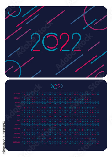 Layout of a pocket calendar with a grid for 2022. Dark blue background, bright design elements and grids. English version of the grid