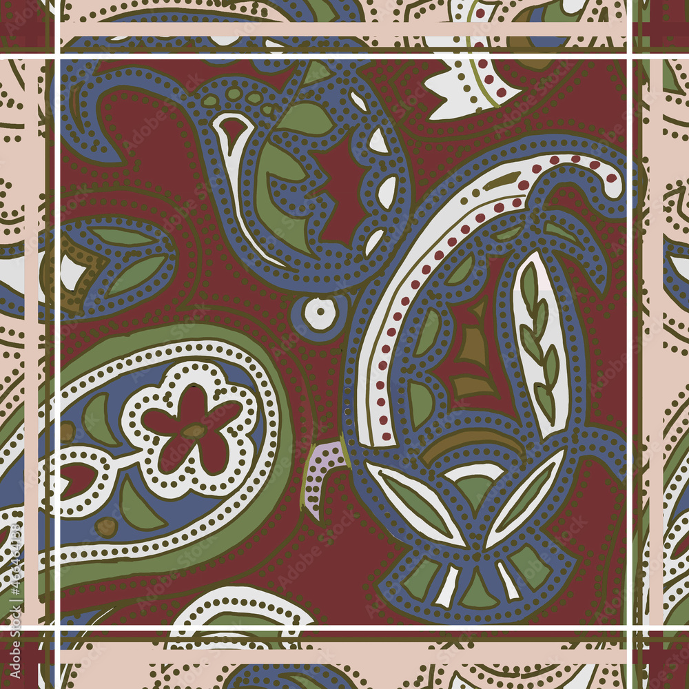 Scarf design with ethnic ornament on brown red background .