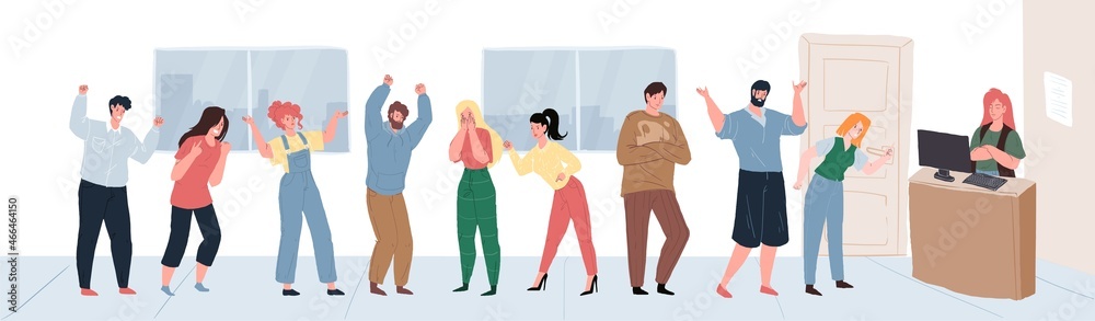Vector cartoon flat visitors characters queue at reception in various aggressive moods,different persons and poses.Communication,anger management and social behavior concept,web site banner ad design