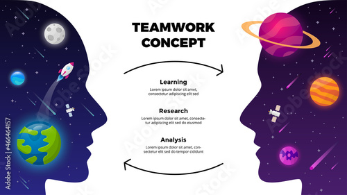 Teamwork concept. Universe background. Startup vector Infographic. Business communication. Rocket launch into space. Human head. Education presentation slide template.