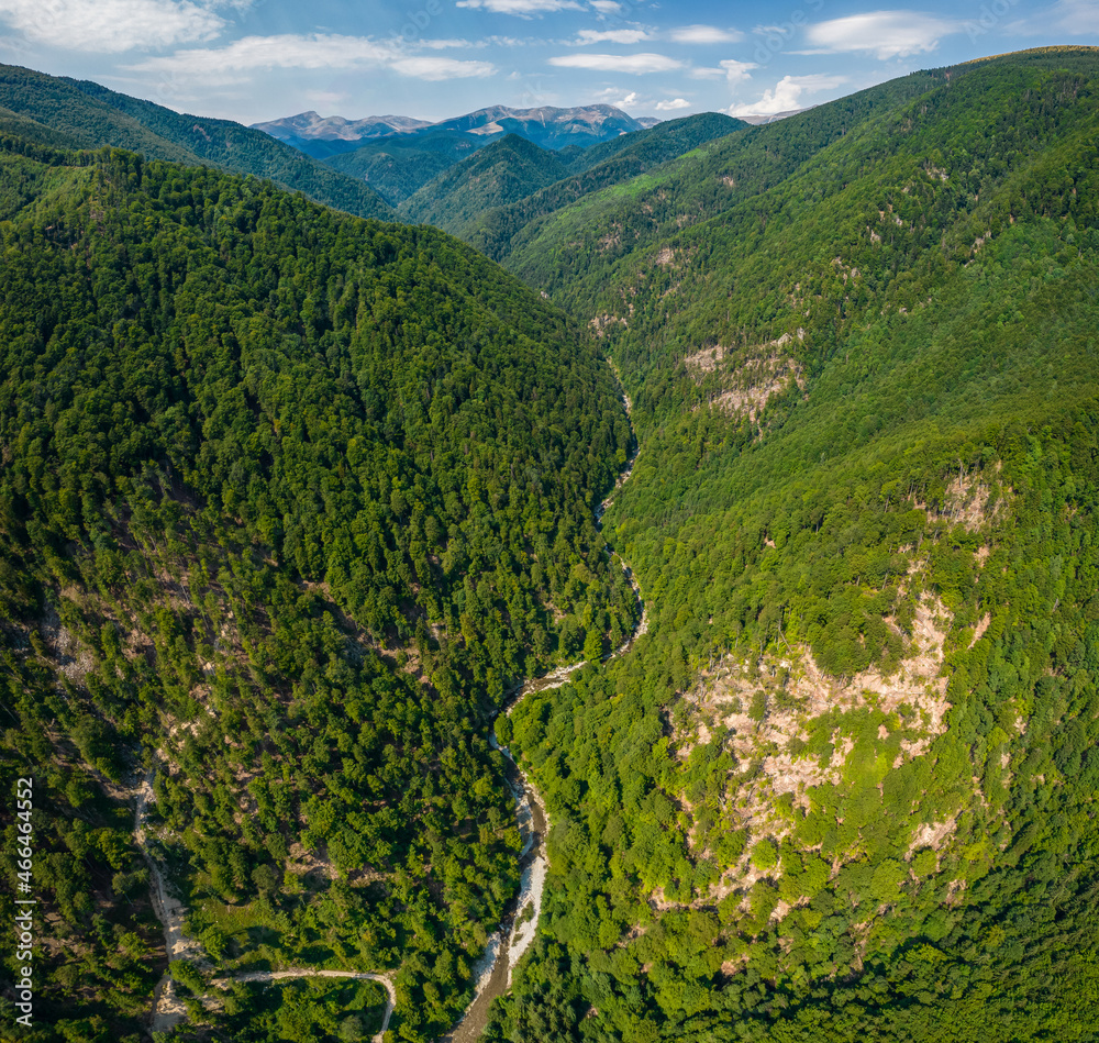 Aerial drone view above Gilort valley and the crests of Parang Mountains. Old, green beech trees are covering the  mountain sides. Carpathia, Romania, Summer.