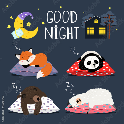 Sleepy animals. Fox bear panda lama alpaca sleep animal set on pillows vector graphics, funny cartoon sleepiness mammals and sleeping crescent cute relax lazy characters