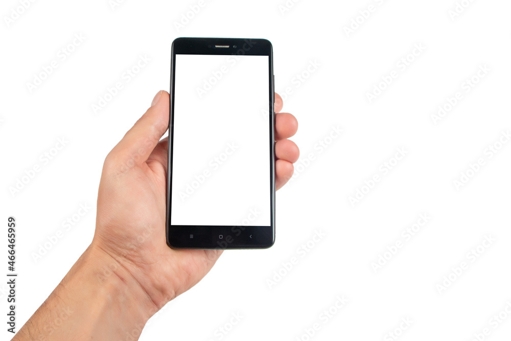 Hand holding black smartphone isolated on white background