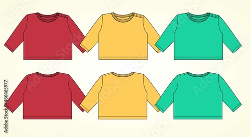 Red, yellow, green Long sleeve T-shirt Technical sketch fashion Flat template for Women's and baby Girls. Vector art illustration Clothing mock up front, back view. Apparel Clothing  Dress Design.