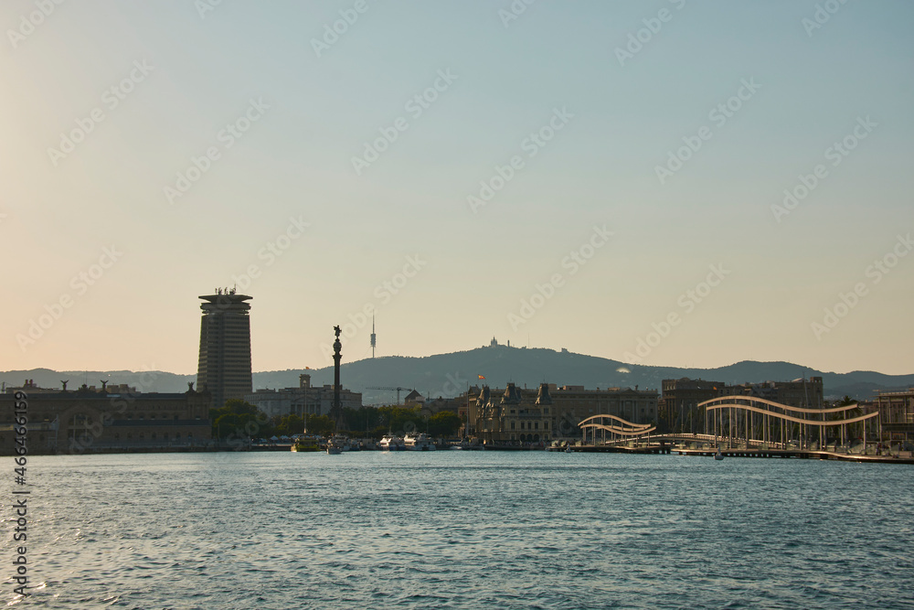 Sunset view of Port Vell during summer season in Barcelona, Catalonia, Spain