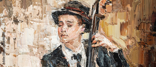Man in hat plays double bass. Jazz band musician. Oil painting on canvas. Modern Art. photo