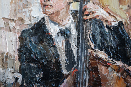 Fototapeta Naklejka Na Ścianę i Meble -  Man in hat plays double bass. Jazz band musician. Oil painting on canvas. Modern Art.