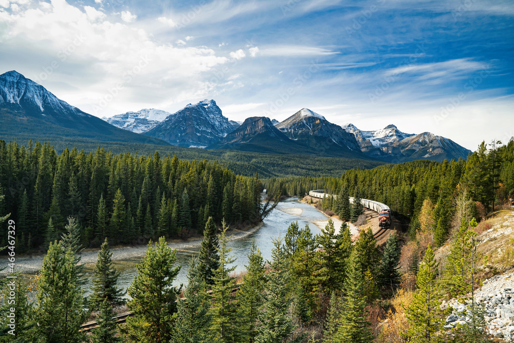 Freight train passes through Canadian Rockies