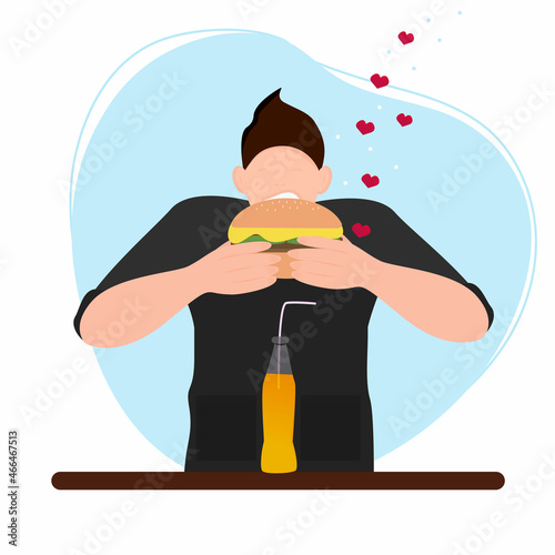 Illustration of the concept of fast food, a man enjoys eating a huge burger and drinking soda.The pleasure of eating, delicious food, burger day. Vector illustration in a flat style
