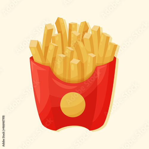 French fries in red paper box vector cartoon illustration. Tasty fast food fried potatoes.