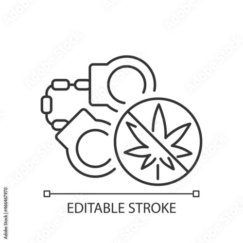 Marijuana arrests linear icon. Drug law violation. Cannabis criminalization. Criminal penalties. Thin line customizable illustration. Contour symbol. Vector isolated outline drawing. Editable stroke