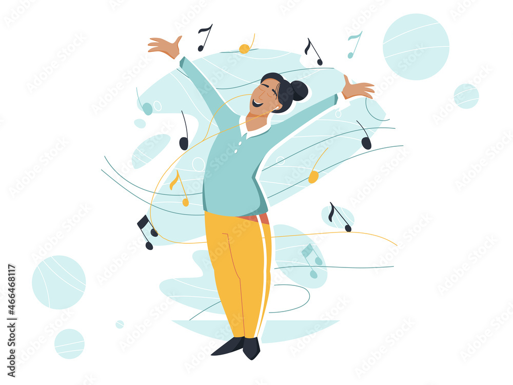 Happy smiling woman with raised hands vector flat cartoon illustration. Cute girl surrounded by notes.