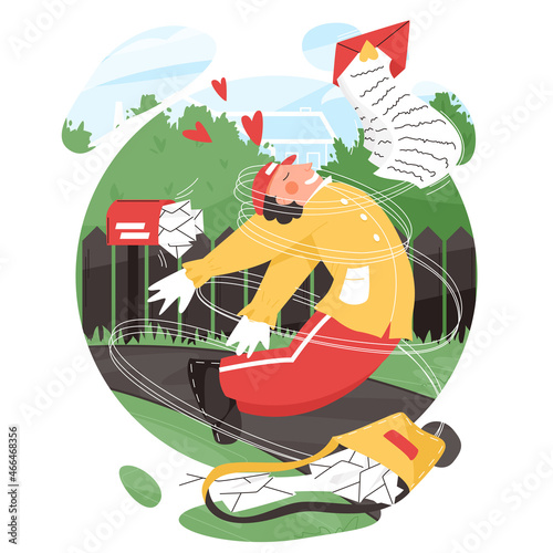 Postman in love vector flat cartoon illustration. Happy man in postman uniform flying after reading a love letter.
