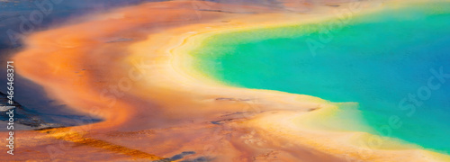 Aerial shot of colorful hot springs of the Grand Prismatic Spring at the Yellowstone National Park