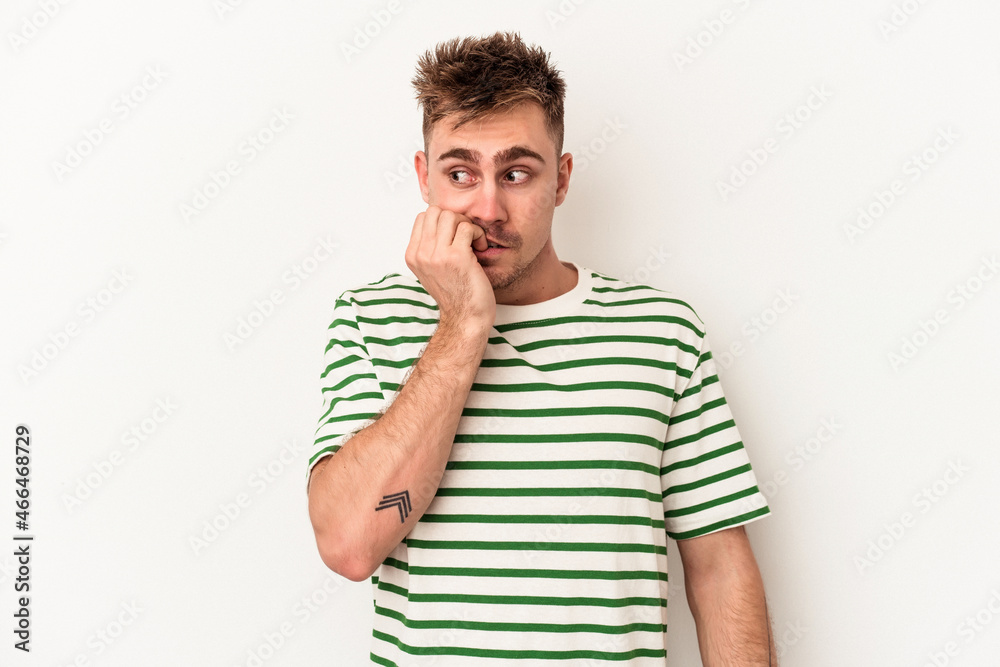 Young caucasian man isolated on white background biting fingernails, nervous and very anxious. Young caucasian man isolated on white background biting fingernails, nervous and very anxious.