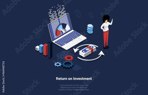 Return On Investment Concept Illustration In Cartoon 3D Style. Isometric Vector Composition OnDark Background With Character. Cashback Service, Repayment Comeback System, SafeFinancial Business Deals photo