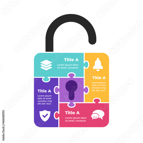 Creative vector protection puzzle infographic. Abstract shield diagram. 4 steps, options, parts. Internet security level. Digital safety chart. Simple data visualization. Web icon. 