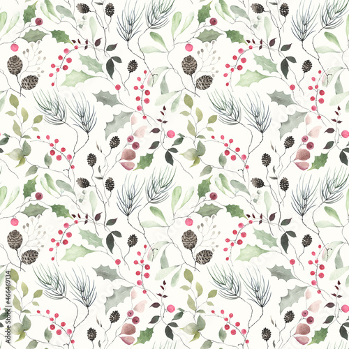 Christmas seamless pattern with berries, dry alder branches, pine cones, leaves on ivory background. Watercolor print for textile, holiday floral pattern, wallpaper, new year decoration.