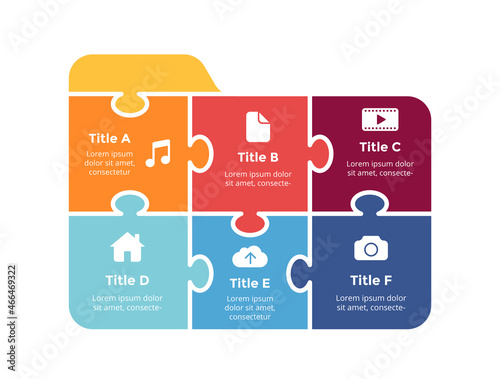 Puzzle folder icon illustration. Infographic slide template. File manager presentation slide. User interface layout. Internet technology.