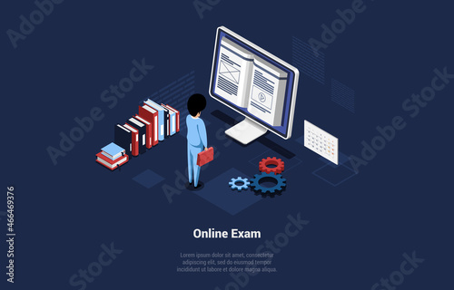Isometric Vector Illustration On Dark Blue Background With Text, Concept Illustration In Cartoon 3D Style With Text, Character And Objects. Online Exam, Internet Course Graduation, University Student