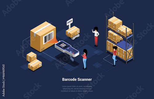 Concept Illustration, Cartoon 3D Style. Isometric Vector Composition With Writings, Infographics And Characters. Barcode Scanner, Technology Methods Of Goods Quality Control And Monitoring Process