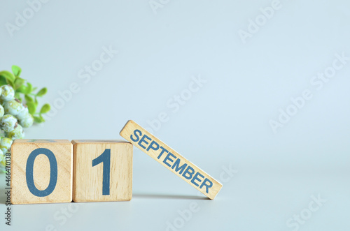 September 1, Calendar cover design with number cube with green fruit on blue background.