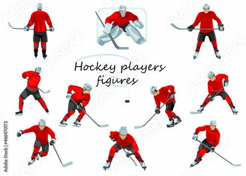Hockey team players and goalie in various poses skating, hitting the puck, scoring a goal