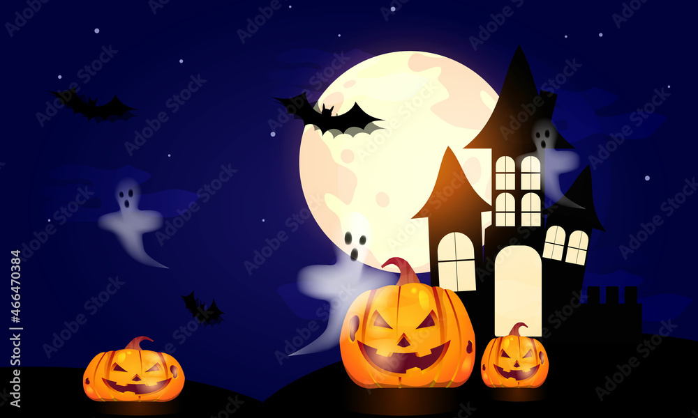 Fototapeta premium Happy halloween pumpkin with .haunted house. Can be used for shopping sale, banner, invitation, website or greeting card. Vector illustration