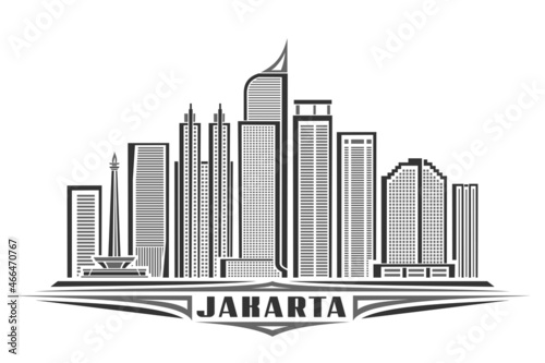 Vector illustration of Jakarta, monochrome horizontal poster with linear design famous jakarta city scape, urban line art concept with decorative lettering for black word jakarta on white background.