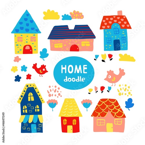 Cute doodle color houses. Set. Hand drawn