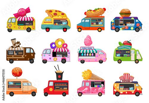 Colorful vector vans selling food. Detailed illustrations for creating prints.