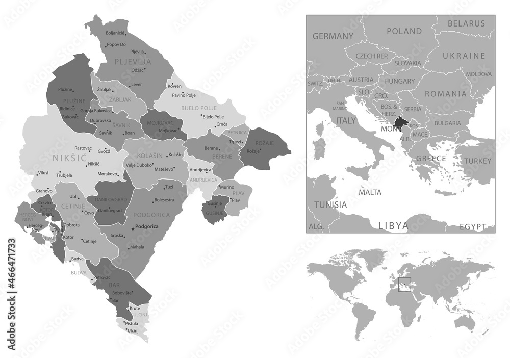 Montenegro - highly detailed black and white map.