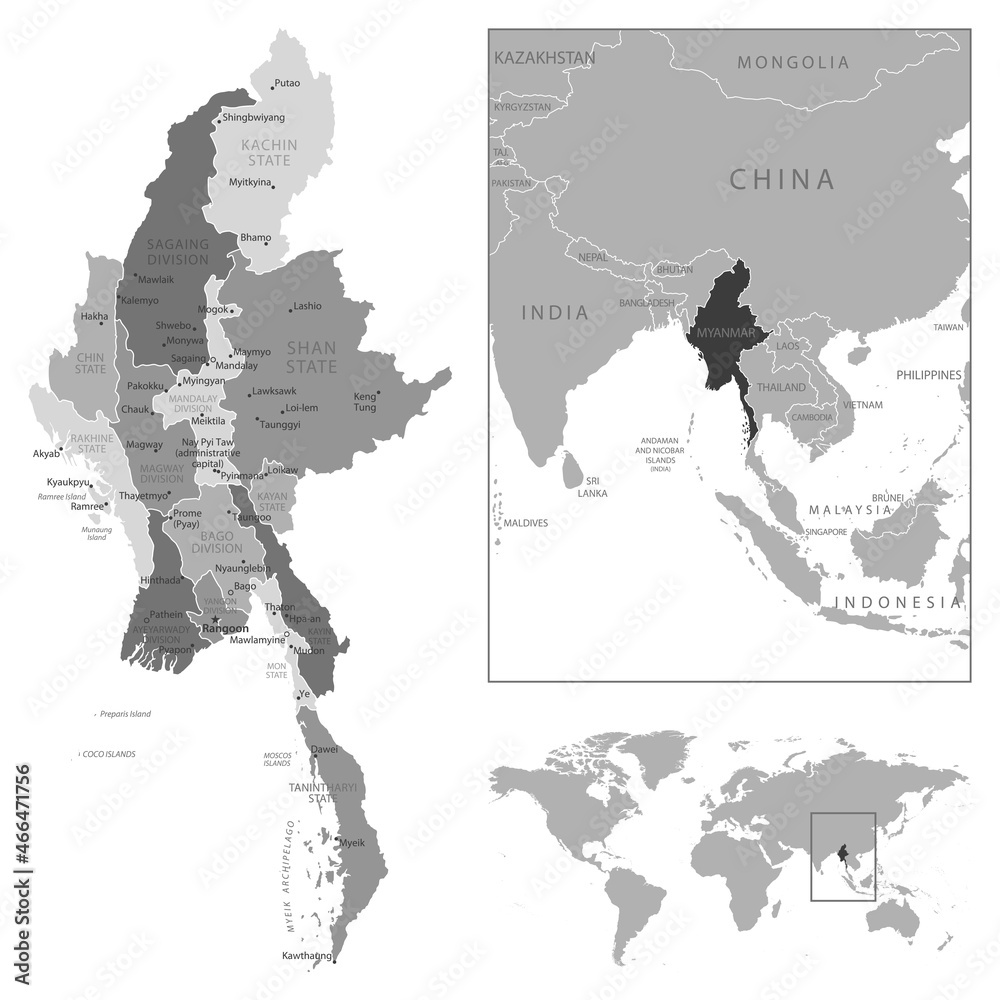 Myanmar - highly detailed black and white map.