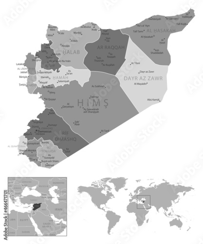 Syria - highly detailed black and white map.