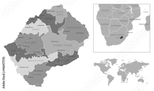 Lesotho - highly detailed black and white map.