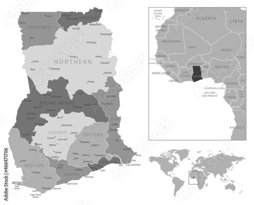 Ghana - highly detailed black and white map.