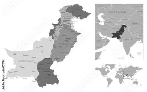 Pakistan - highly detailed black and white map.