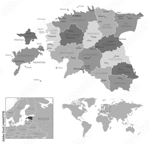 Estonia - highly detailed black and white map.