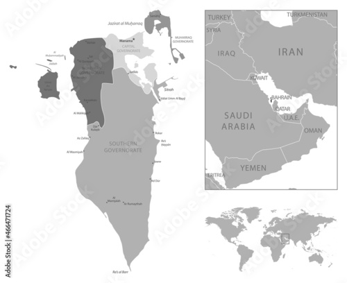 Bahrain - highly detailed black and white map.