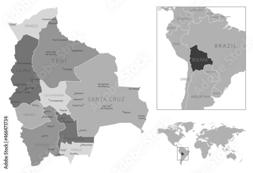 Bolivia - highly detailed black and white map.