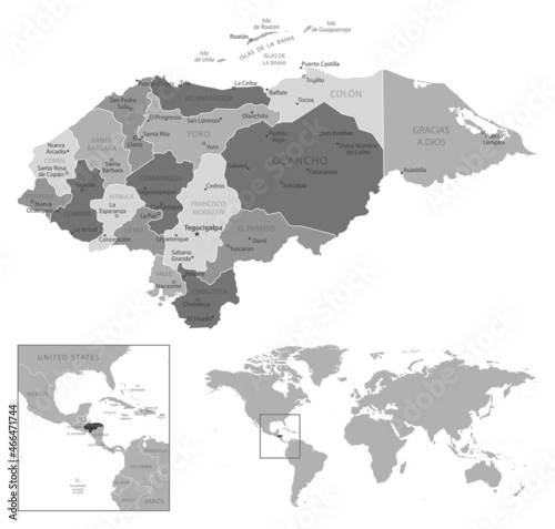 Honduras - highly detailed black and white map.
