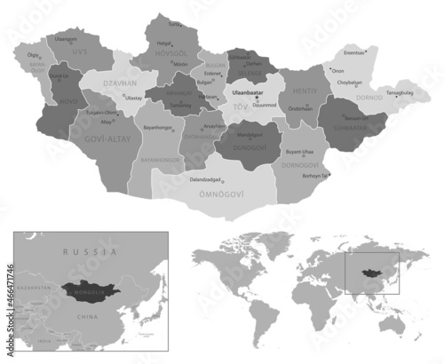 Mongolia - highly detailed black and white map.