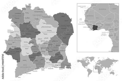 Cote dIvoire - highly detailed black and white map.