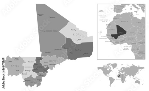 Mali - highly detailed black and white map.