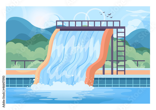 Aquapark outdoor surroundings. Water slides and pool. Summertime